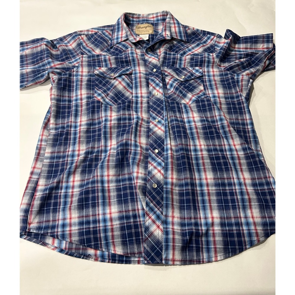 Wrangler Mens Western Cowboy Rancher Pearl Snap Shirt Plaid Short Sleeve‎ XL